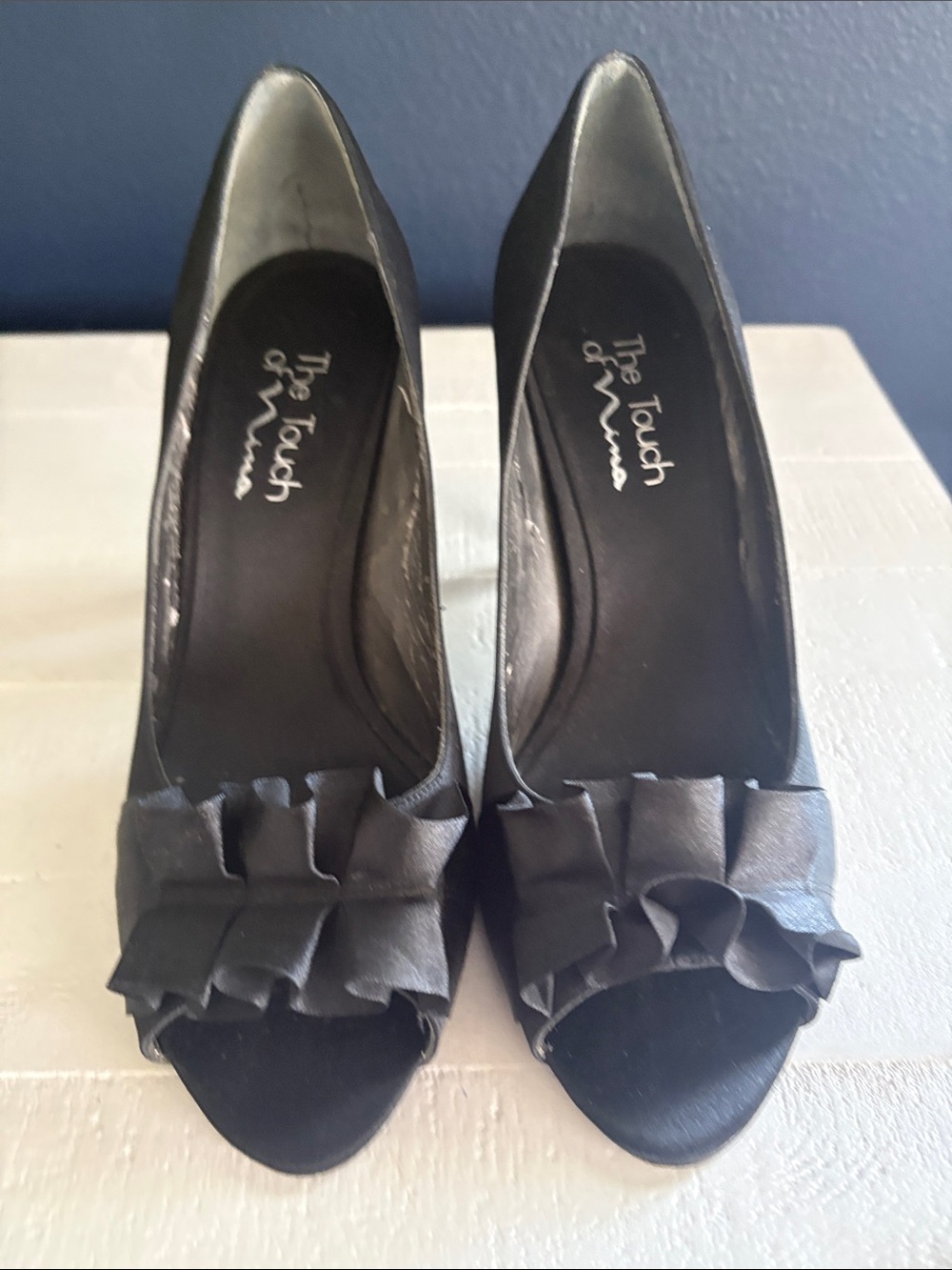 Touch of Nina Black Ruffle Peep-Toe Heels